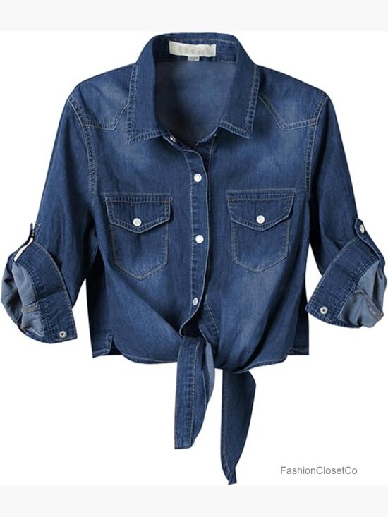 Sweaters - 3/4 Sleeve Denim Crop Top Tie Knot Shirt Cardigan